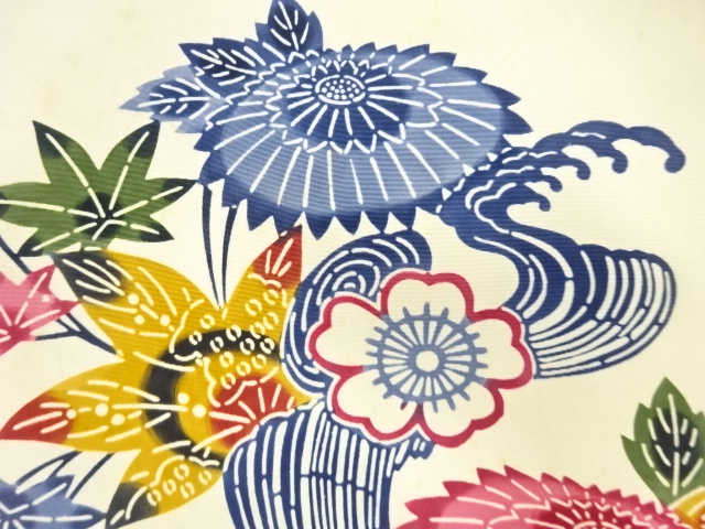 アンティーク　塩瀬　型染　流水に草花模様名古屋帯